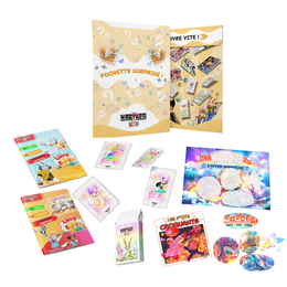 Contenu de la Pochette Surprise Hariken Kids : livrets, cartes, jeux, stickers, poster